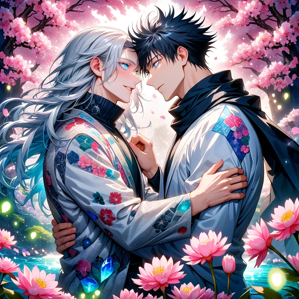 Ultra detailed, Highres, absurdres, HDR, Gojou Satoru, white hair with bangs, white eyelashes, long hair, expressive blue eyes, Fushiguro Megumi, black hair, expressive blue eyes, long hair, white haori with patterns, black shirt, black scarf, Jujutsu Kaisen, fantasy, petals, handsome, two sexy man together, gay couple, love, yaoi, very detailed eyes and face, master piece, pink flowers, blossoms, pink petals, magical, water, handsome smile, shining blue fireflies
