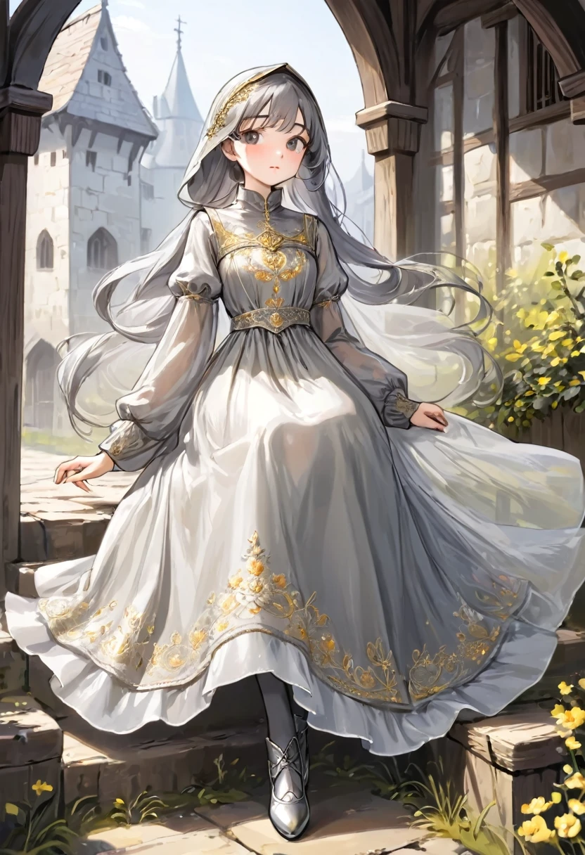 girl, Gold and silver embroidery, White-gray pearl medieval long dress（With panniers）, Translucent fabric, Pull up the dress by hand, Strong winds, Translucent slip, Grey translucent tights, Peeking from below, Highest quality, Disorder of clothing, sit