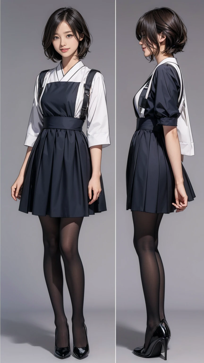 ((masterpiece)),(((Highest quality))),((Character design sheet)),Thin thighs,Long legs,A Japanese woman wearing a gorgeous maid outfit:1.5,wear black tights:1.5,The best smile:1.5,Full Body Shot:1.5,Gray background:1.5,Wearing black high heels:1.5,short cut side waves:1.5,