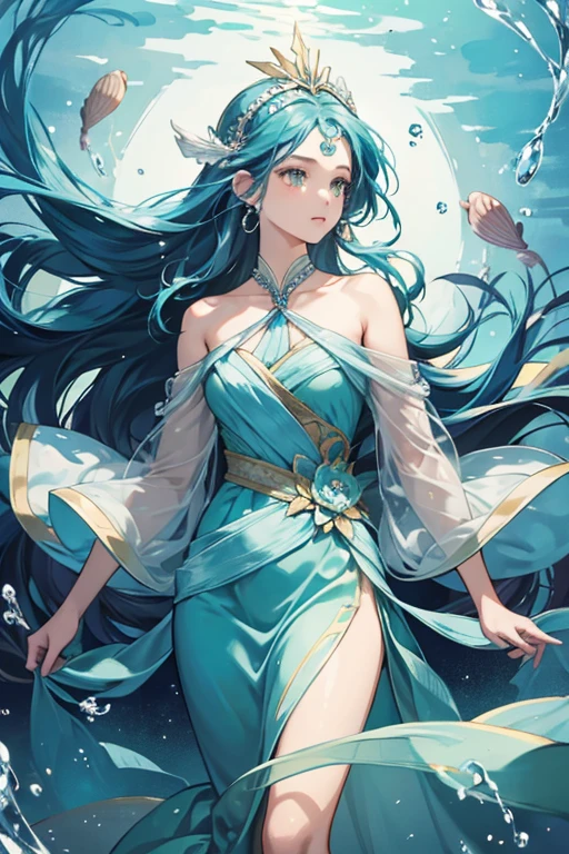 Yumegamitchi has a tall blue slender figure. Her hair is flowing water with two long strands hanging from both sides of head. She wears a headband made of shells, pearls, and green stones. There appears to be fish swimming in her hair along with bubbles. She also wears a long flowing blue dress that covers her arms and has a water drop hanging off the neckline.  SPARKLE; GLITTER