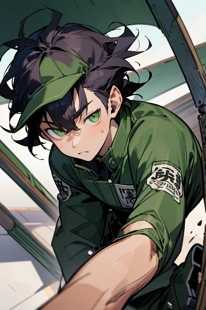 masterpiece, best quality, illustration, 1boy, solo, male focus, looking at viewer, , , anime coloring, realistic, tsuneo_suzukawa, black hair, green eyes, windbreaker, bobble hat, grimdark,