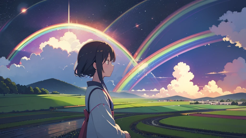 rainbow、美しいrainbow、(rainbowの空:1.5), 山に向かって垂れ下がるrainbowに向かって走る女子高生、big, 山にかかる美しいrainbow、Japanese 、wearing 、Road after the rain、Paddy field、Mont、rainbow、Countryside view、Japanese countryside scenery、sunset、Red dragonfly、Splash playing red fly background,