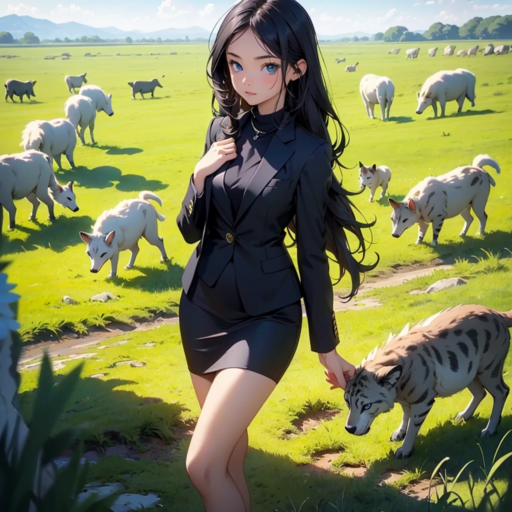teenage girl (blue long hair),(blue eyes),(Wear a simple, elegant, plain black skirt suit.),(The background is a grass field with many cute animals.)
