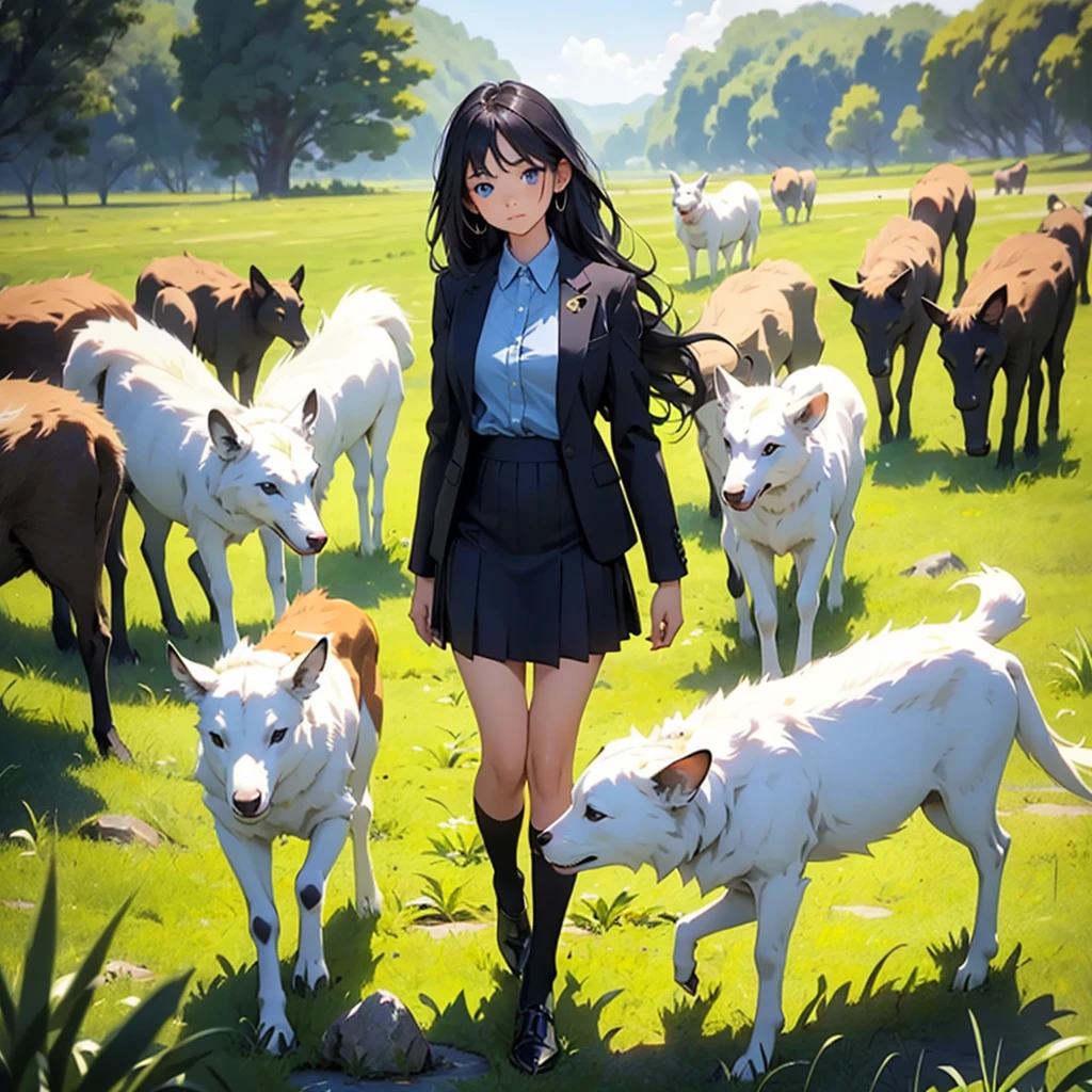 teenage girl (blue long hair),(blue eyes),(Wear a simple, elegant, plain black skirt suit.),(The background is a grass field with many cute animals.)