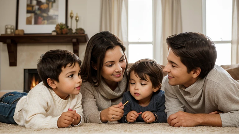 a warm cozy home, 1 mother with your 2 boys and 1 girl playing together, extremely detailed faces, beautiful detailed eyes