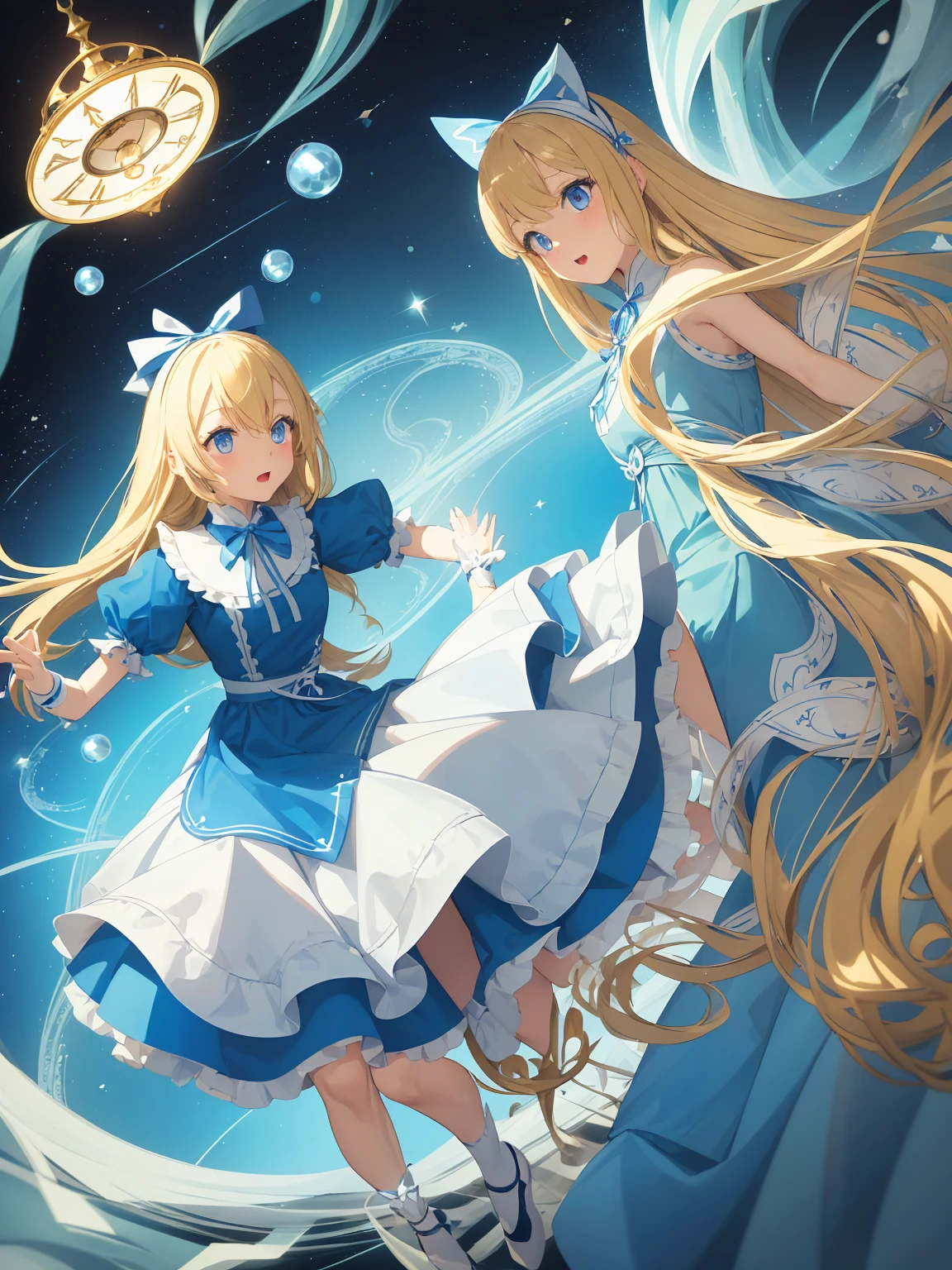 Alice, (Alice in Wonderland:1.1), cartoon illustration, 1cute girl with long-hair, (blonde-hair:1.2), floating long hair, open mouth, (light-blue round eyes:1.5), blue puffy sleeves, horizontal striped thigh-highs, blue apron, blue dress, (white and blue outfits:1.3), hair-ribbon, (big-blue-ribbon on head:1.4), teacup, cup, clock, antique watch, open book, saucer, in dark library, falling pose, her feet out of frame, 1arm out of frame, (dutch-angle:1.2), dynamic angle, cinematic lighting, glitter,