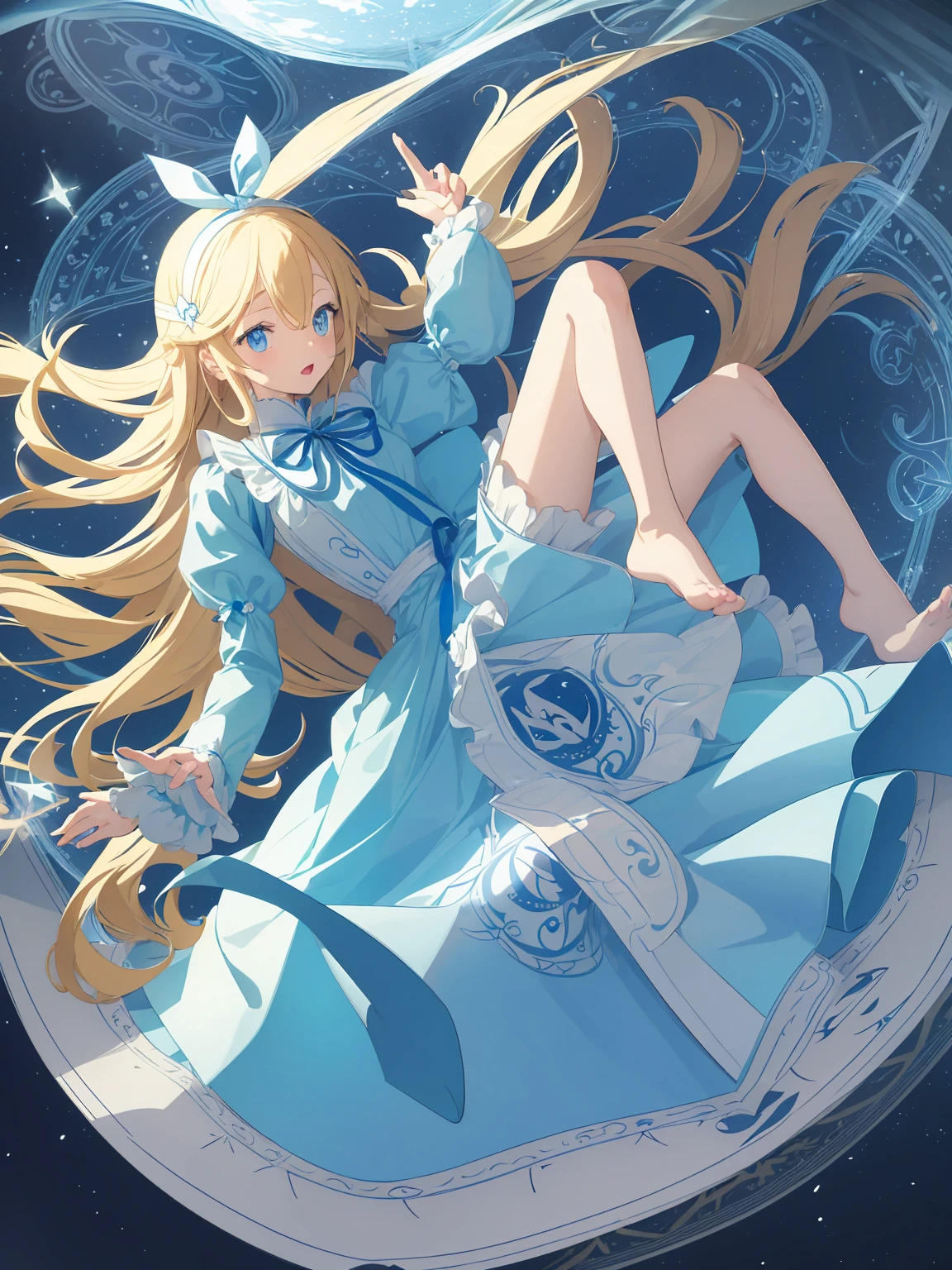 Alice, (Alice in Wonderland:1.1), cartoon illustration, 1cute girl with long-hair, (blonde-hair:1.2), floating long hair, open mouth, (light-blue round eyes:1.5), blue puffy sleeves, horizontal striped thigh-highs, blue apron, blue dress, (white and blue outfits:1.3), hair-ribbon, (big-blue-ribbon on head:1.4), teacup, cup, clock, antique watch, open book, saucer, in dark library, falling pose, her feet out of frame, 1arm out of frame, (dutch-angle:1.2), dynamic angle, cinematic lighting, glitter,