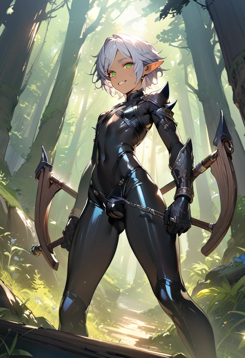 1boy, trap, wood elf, short spiky white hair, green eyes, full lips, confident smile, dark skin, flat chest, black latex bodysuit, crotch bulge, holding a bow, fantasy background, textured skin, UHD, UHD, UHD, UHD, award winning, high details, incredible high-key lighting and shadows, masterpiece, incredible illustration, forest background