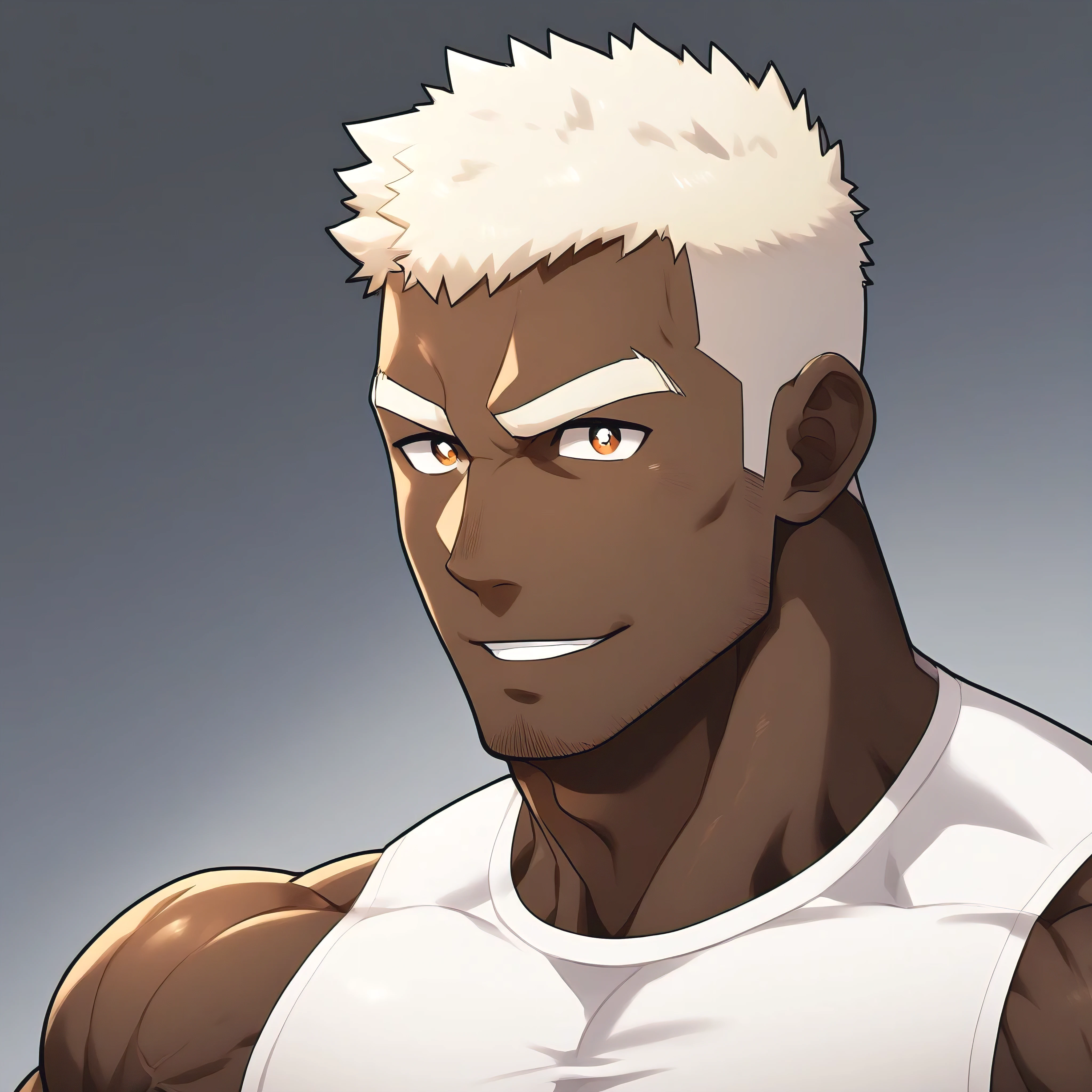 negro, anime characters:Gyee, Fitness coach, negro black skin, 1 muscular tough guy, Manliness, male focus, Cream White Sleeveless Tight T-Shirt, Very tight, The pectoral muscles are oversized, Slightly transparent, muscular male, muscular, only, Upper body, alone, White short hair, Thick eyebrows, stubble, Obsidian-like pupils, Shiny, Grey background, simple background, amazing quality, best aesthetics, Ridiculous, bright pupils, crew cut, parted lips, seductive smile, torogao, naughty face, drop shadow, best quality