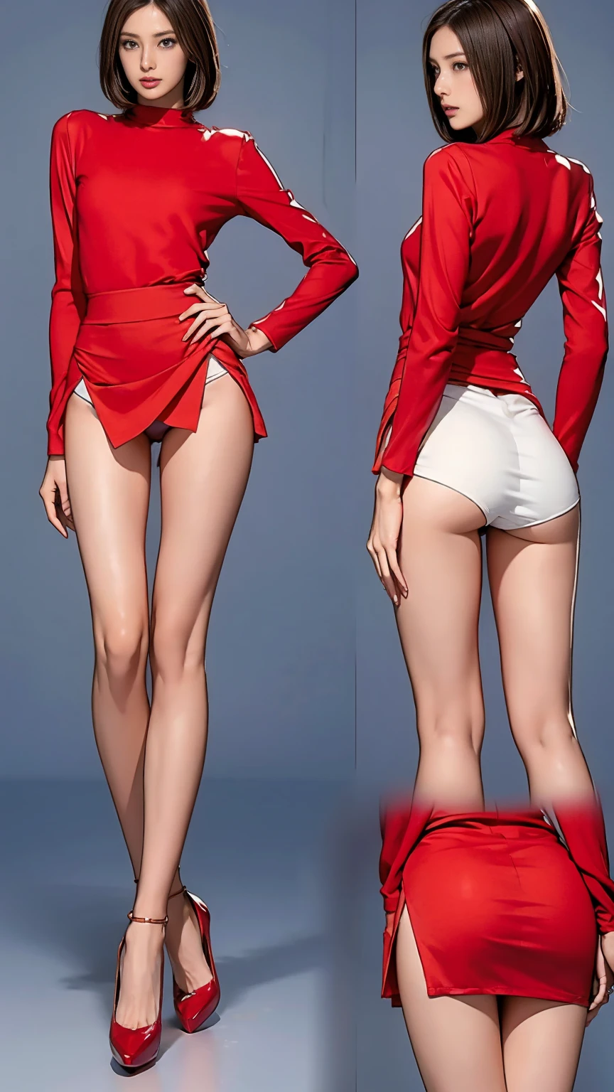 ((masterpiece)),(((Highest quality))),((Reference Sheet, Character Design)), (Very slim:1.4), (Very small ass:1.4), Realistic buttocks, Medium chest,Short Bob, Thin thighs, Long legs,1 Girl,Red Lip Big Wave,Royal Sister Fan,Fashionable clothes,Tight Bottom Skirt,High heels,Outdoor during the day,ウォーキングStreet,Street,Super cool
