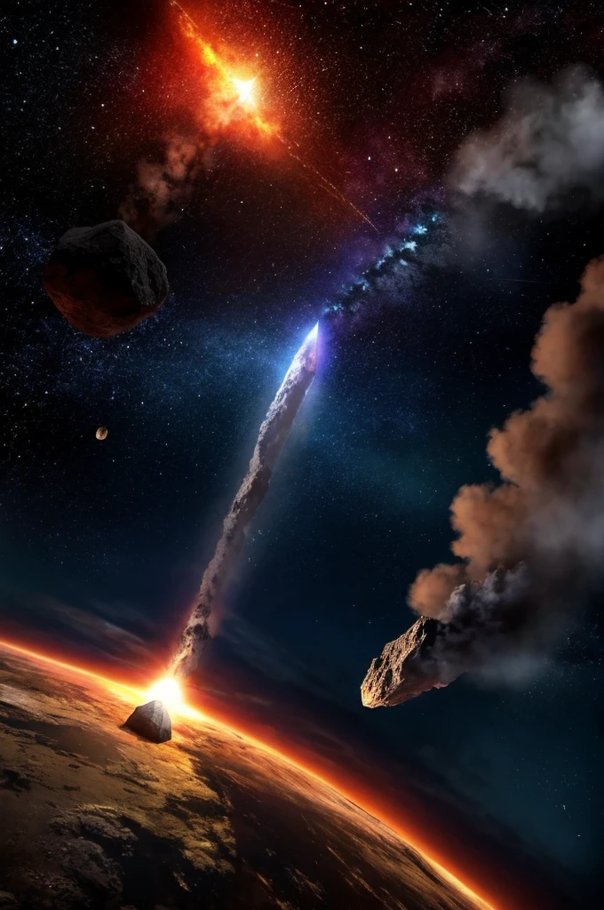 Photograph of a meteorite with a tail entering the atmosphere at full speed, realista, hiperreal, cinemactic, Entorno detallado, temible, muy realista