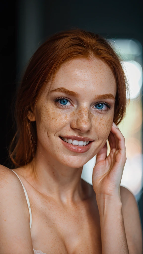 Hyperrealistic photo of a super cute Irish redhead with dark theme, freckles, skinny, thin nose, porous skin and short hair, (full body), (flared, large, natural, sagging breasts), (small waist, slim body), nipple hard with realistic details, blue eyes, big eyes, detailed eyes, realistic skin, epic realism, HDR: 1.5, epic skin detail, (lustful smile, seductive look, perfect teeth), (8k, RAW photo, maximum quality) ,