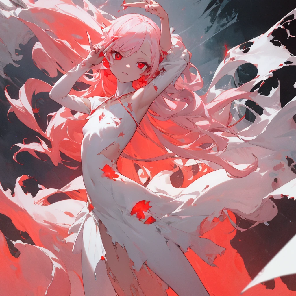 masterpiece, White glowing coral pink hair, long hair, glowing red eyes
Eyes, torn white shoulder strap dress, suspicious atmosphere, eerie, small , white skirt, thin body, Cool Beauty, red concentrated line background, collarbone, red energy bullet, fire, starry star scloud colorful, arms, hands, peace sign, finger, nail, skin suit, ,