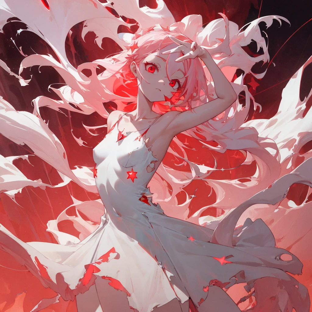 masterpiece, White glowing coral pink hair, long hair, glowing red eyes
Eyes, torn white shoulder strap dress, suspicious atmosphere, eerie, small breasts, white skirt, thin body, Cool Beauty, red concentrated line background, collarbone, red energy bullet, fire, starry star scloud colorful, arms, hands, peace sign, finger, nail, skin suit, ,