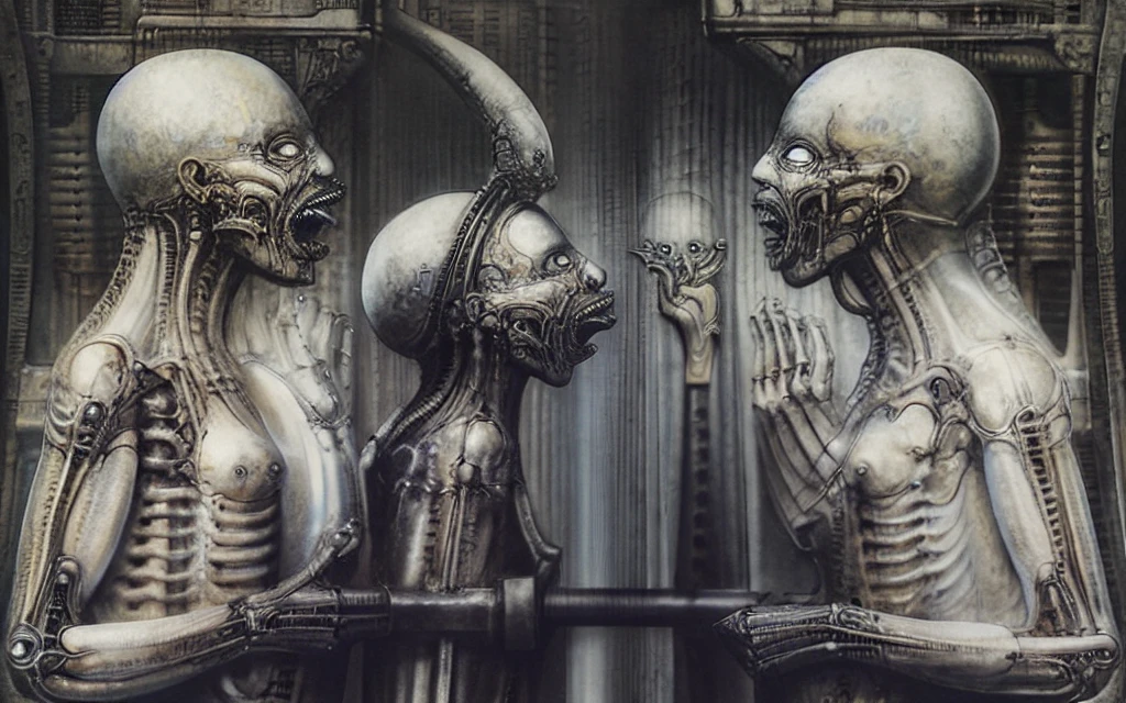 Giger_style, Create biomechanical tableau with some of the artistic techniques and compositional features used in /“The Tourist/” by H r (Hans Rudie) Giger:
The image is a surrealistic artwork featuring an alien robotics humanoid figures, each with a unique design, surrounded with pipes and gears, set against a background of intricate machinery
The central focus of the image is a nightmarish tableau of two biomechanical heads. They are connected by a network of pipes and tubes that appear to be either feeding them or draining them. The heads themselves are elongated and skeletal, with gaping maws. Their eyes are empty sockets, and their expressions are vacant and emotionless.
 Heads are humanoid but industrial and ivorysh, with pipes and wires integrated throughout their structure. One face appears to be screaming, the other has its mouth open like a maw. They are surrounded by various mechanical doodads and tubes, and blend seamlessly into the background of industrial machinery.The biomechanical heads could have represented some kind of alien creatures, or they could have been machines that had become sentient
Used Airbrushing is a technique for applying paint using a device that sprays a fine mist. It is often used to create smooth, even coats of paint, and it can be used to create very detailed effects. Giger's use of airbrushing in this image creates a hyperrealistic quality to the biomechanical landscape, making it appear even more alien and unsettling. It is also often used to create very smooth and even gradients of color.
The use of a dark palette with blacks, purplish browns, and grays creates a sense of mystery and dread. The dark colors obscure the details of the image, making it difficult for the viewer to see what they are looking at. This ambiguity adds to the unsettling nature of the work. The dark colors also help to emphasize the biomechanical elements in the painting.
The background features even more machinery, including pipes, gears, and cables. 