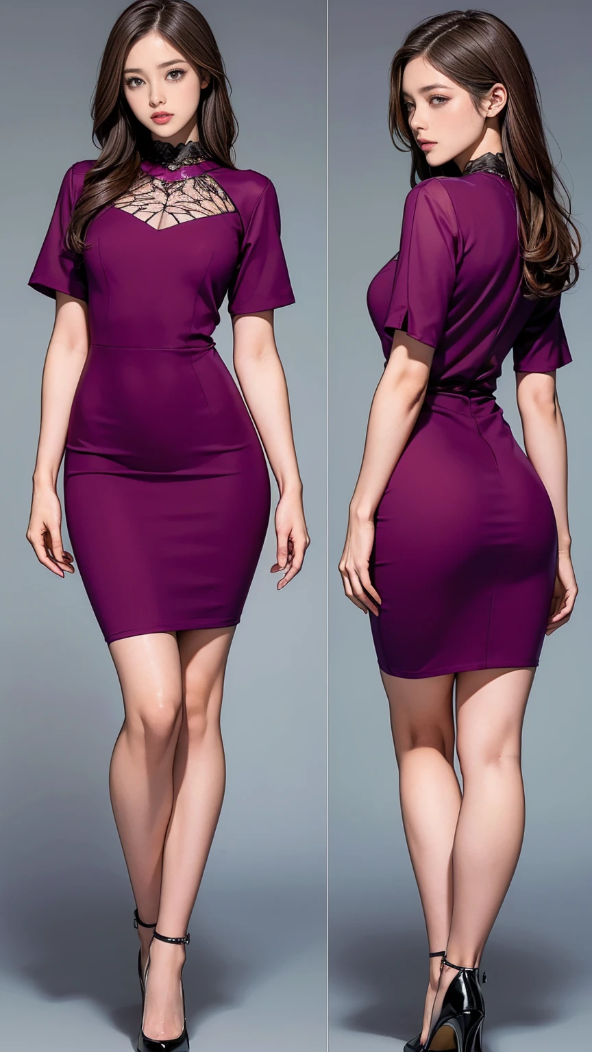 ((masterpiece)),(((Highest quality))),((Character design sheet)),Thin thighs,Long legs,Highest quality,masterpiece,Ultra-high resolution,(Actual:1.4),Original photo,Ultra-high resolution,8k,There are women,Fair skin,Big wave diamond purple and cool black collaboration dress:1.5,High heels,Long legs:1.5,Bright and beautiful,high waist,Flashy makeup using red eyeshadow,