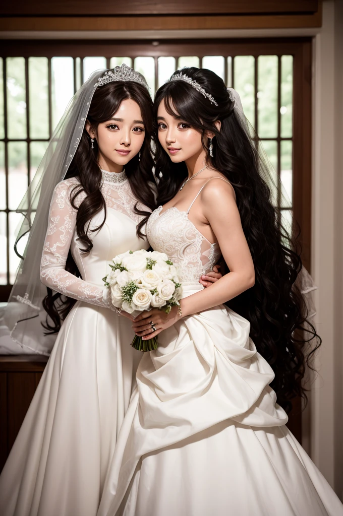 Crie uma imagem de um casamento. The groom is Jungkook from BTS and the bride is a girl with long curly hair. On top of the bride&#39;s head, escreva o nome Beatriz 