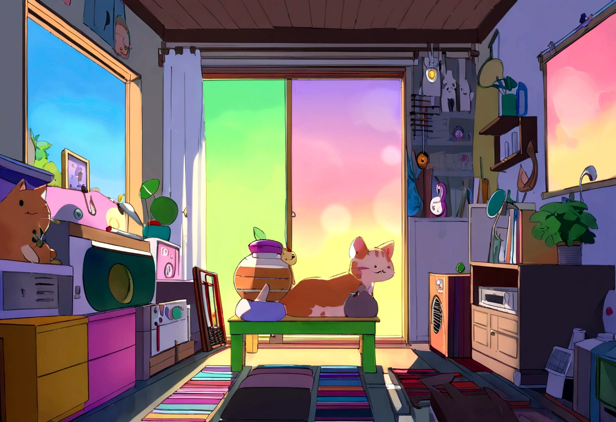 Chico de pelo naranja en habitacion gris estilo lo-fi con instrumentos musicales, gato en la ventana, notas musicales flotando