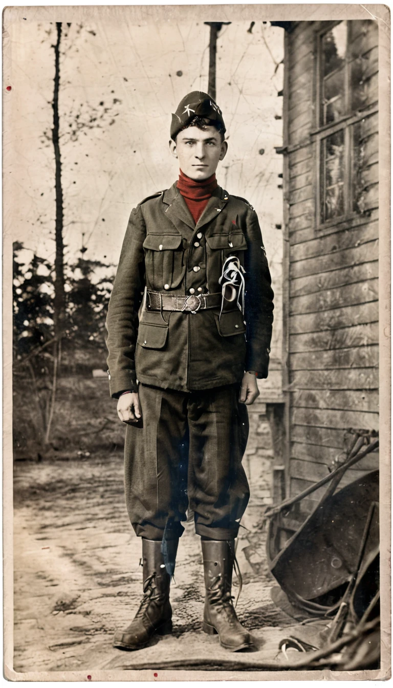 Year 1939, Young man aged 17-18 years , Dark green jacket, red turtleneck, The jacket has a red four-pointed star on the lapel.., Wearing a black vest throughout.., Wearing light green M35 Harovari pants..., Military boots, Wear a Soviet Pilotka Cap.(clamp cap) There is a red star attached to it.., Eastern Slavs(Soviet Union), Soviet Union, World War 2, ww2 old photos, ww2 military camp, 8k, Masterpiece, best quality, perfect face,