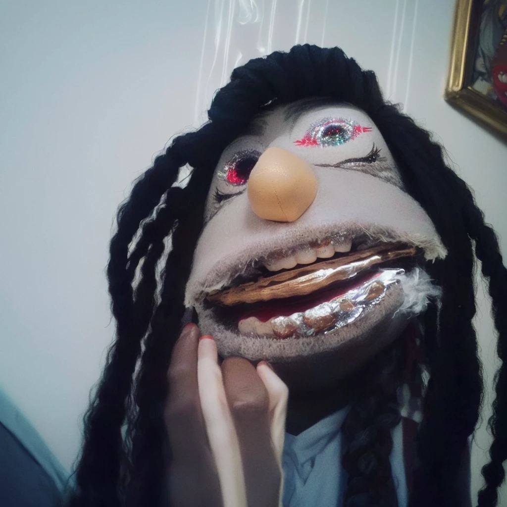 a close up of a cute happy sock puppet with dreadlocks smoking a cigar, realistic cloth puppet, string puppet, wearing diamond gold grills on his teeth, he is smoking a blunt, his eyes are low and red because he is high, highley detailled face, matching eyes