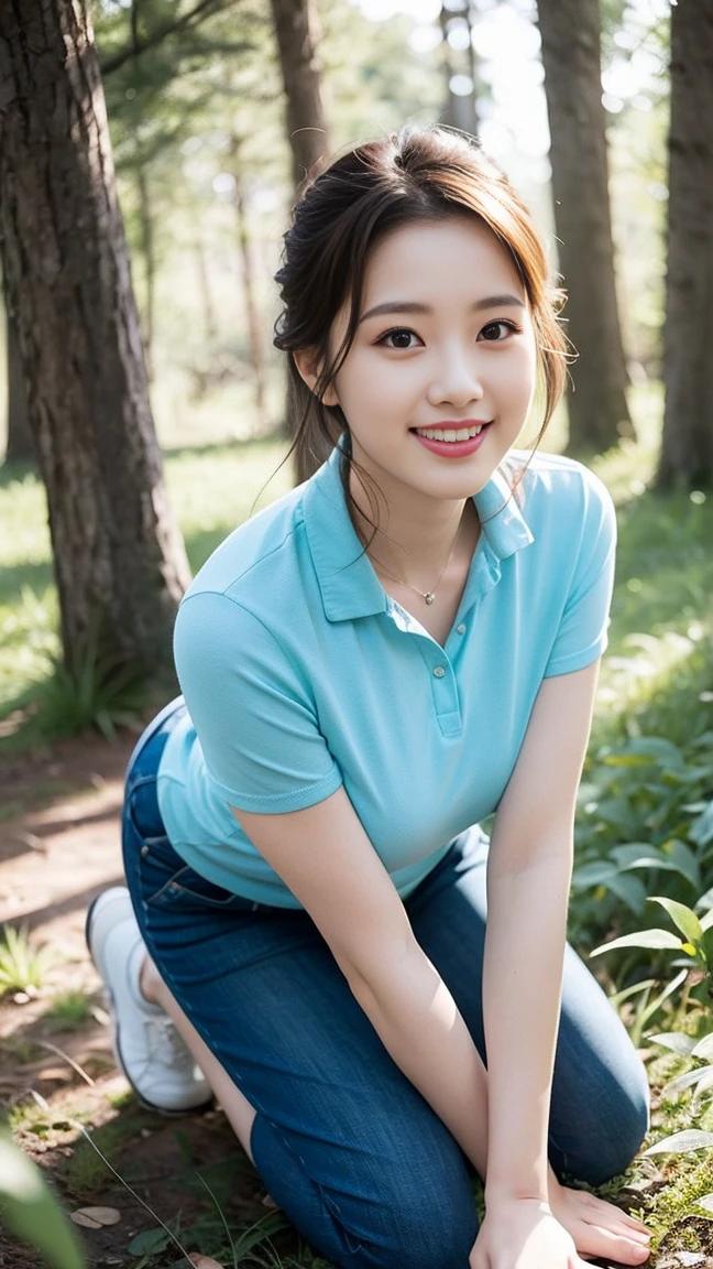 Best quality, masterpiece, ultra high res, RAW photo, (photorealistic:1.4), 1girl, detailed face, cowboy shot, in (((silk)) white shirt with blue collar, blue ((silk)) shorts),large breasts, narrow waist:1.2), ponytail, bokeh, beautiful lighting, model posing, Japanese school girl, smiling, bright eyes, ((((pov)))), ((reaching towards camera for hug))