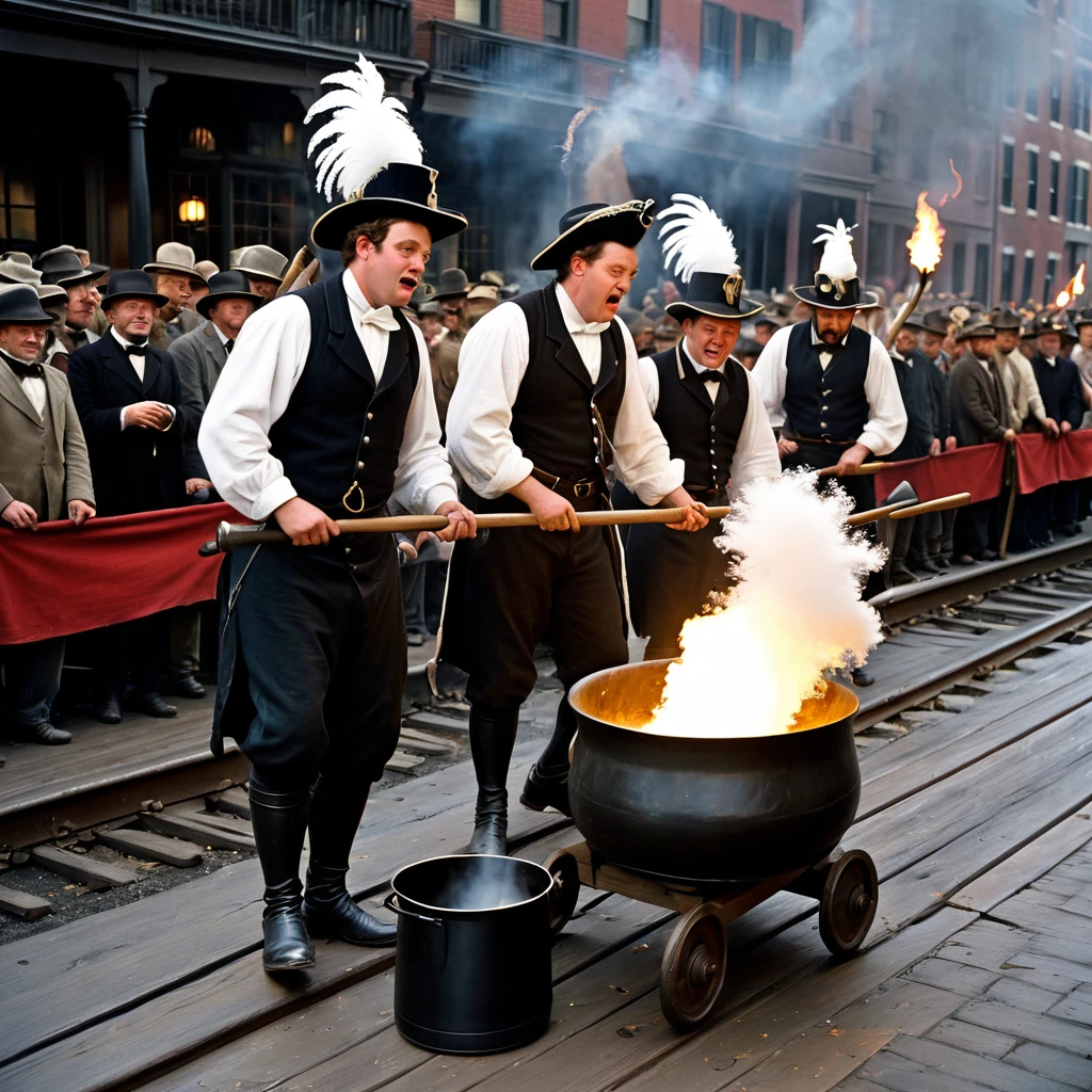 Nineteenth-century America, crowd of people with torches, banging pots and pans, and blowing horns. Two men straddling the rail, covered in tar and feathers looking like the plumes of giant soldiers.