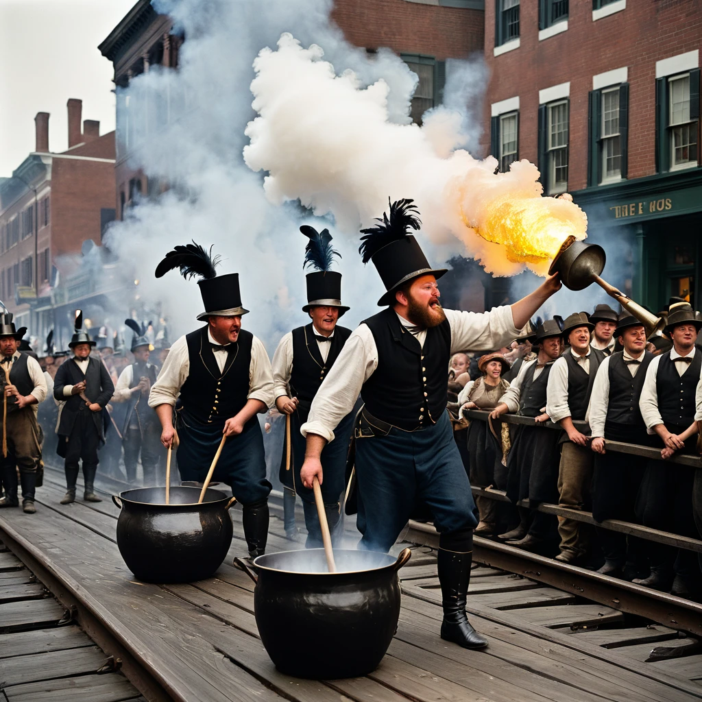 Nineteenth-century America, crowd of people with torches, banging pots and pans, and blowing horns. Two men straddling the rail, covered in tar and feathers looking like the plumes of giant soldiers.