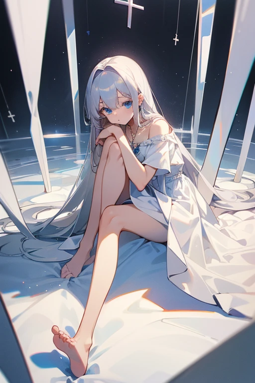 (((A medium shot: 1.4))) of an anime teen girl, (sitting on ((plain ((flat)) snow)), (((half naked))), cinematic light, slim body with curves, skin is perfectly white, soft, and smooth, ((no nsfw)), Extremely delicate and beautiful CG illustration, best quality, high resolution, dynamic angle, full-length lens, (1 girl), floating, soft light, high-key lighting), glowing light, purple aura, feathers fluttering background, blue crystal, (((wearing nothing but a white (pure:1.3) (transparent) tank top))), ((sunset)), barefoot