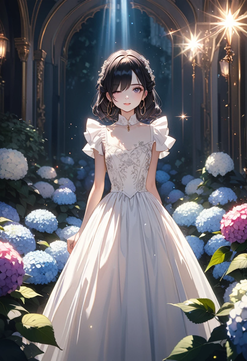 ((masterpiece)), (anime:1.5), ((Highest quality)), (RAW Photos:1.2), (High resolution:1.3), (Professional photography:1.2), (chromatic aberration), One girl, Lens flare, Wide Shot, Textured skin, Cinema Lighting, One girl, ((Beautiful Gothic Lolita Pure White Dress)), (Very hoop dress), Luxury Rose Embroidery, Cute innocent girl, ((Hair on one eye)), Slim and small chested, (long, silky black hair), (Gothic Lolita Makeup), (Super detailed), Beautiful Hair, smile, (Cute sparkle), Particles of light, Standing in a beautiful and wonderful garden, (Hydrangea Garden)