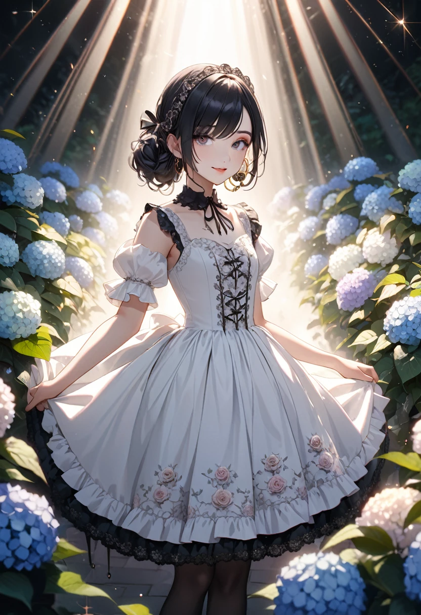 ((masterpiece)), (anime:1.5), ((Highest quality)), (RAW Photos:1.2), (High resolution:1.3), (Professional photography:1.2), (chromatic aberration), One girl, Lens flare, Wide Shot, Textured skin, Cinema Lighting, One girl, ((Beautiful Gothic Lolita Pure White Dress)), (Very hoop dress), Luxury Rose Embroidery, Cute innocent girl, ((Hair on one eye)), Slim and small chested, (long, silky black hair), (Gothic Lolita Makeup), (Super detailed), Beautiful Hair, smile, (Cute sparkle), Particles of light, Standing in a beautiful and wonderful garden, (Hydrangea Garden)