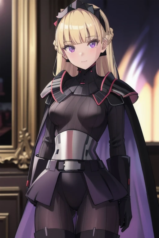 8k,highres,absurdres,masterpiece,best quality,original,extremely detailed CG,extremely detailed wallpaper,perfect lighting,1girl,solo,blurry_background,looking_at_viewer,
AmSW,long hair,blonde hair,black gloves,purple eyes,black hairband,cape,black bodysuit,medium breasts,braid,blunt bangs,