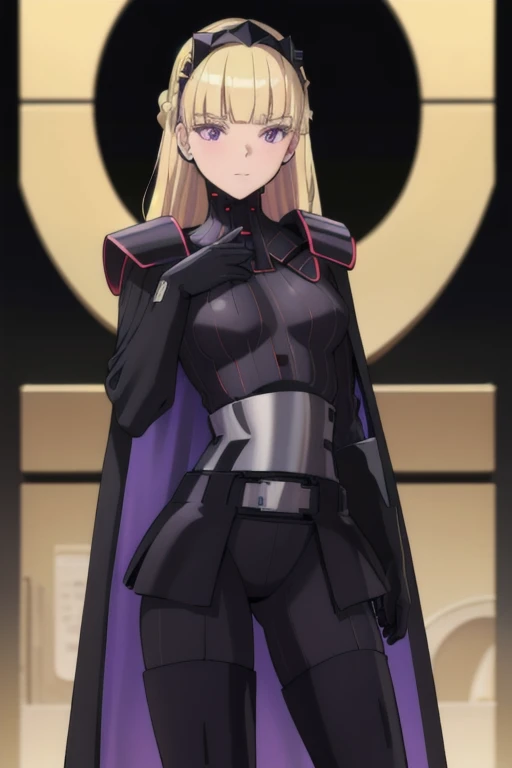 8k,highres,absurdres,masterpiece,best quality,original,extremely detailed CG,extremely detailed wallpaper,perfect lighting,1girl,solo,blurry_background,looking_at_viewer,
AmSW,long hair,blonde hair,black gloves,purple eyes,black hairband,cape,black bodysuit,medium breasts,braid,blunt bangs,