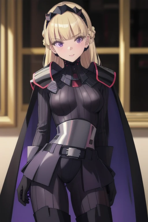 8k,highres,absurdres,masterpiece,best quality,original,extremely detailed CG,extremely detailed wallpaper,perfect lighting,1girl,solo,blurry_background,looking_at_viewer,
AmSW,long hair,blonde hair,black gloves,purple eyes,black hairband,cape,black bodysuit,medium breasts,braid,blunt bangs,