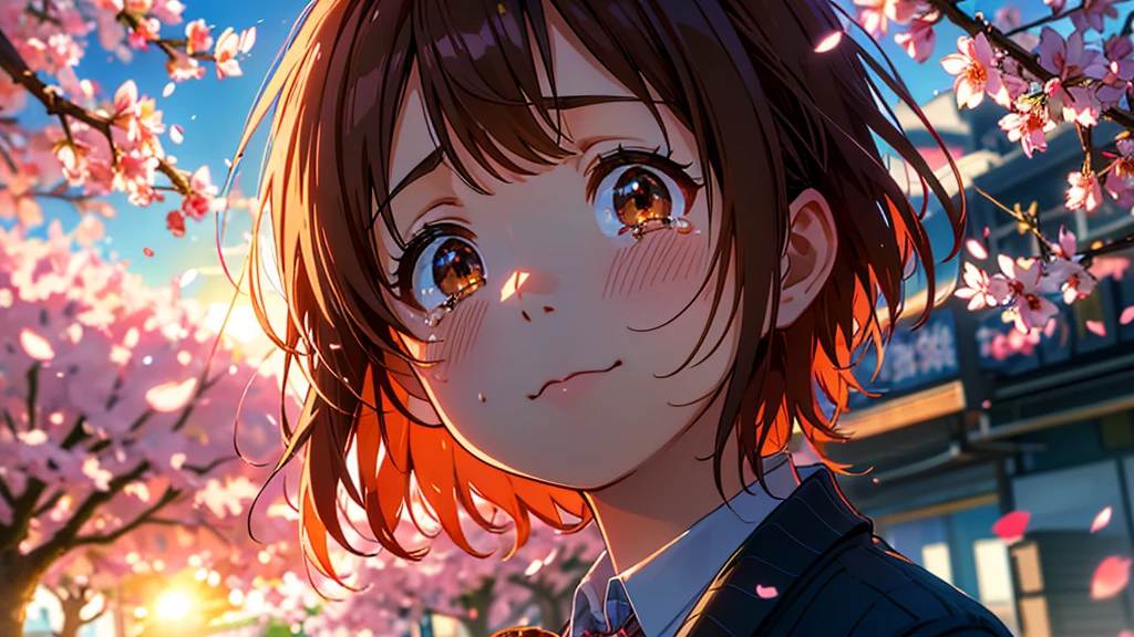 irohaisshiki, iroha isshiki, short hair, Brown Hair, (Brown eyes:1.5), smile,blush,Tears running down her face,Tears of joy,左手はribbon結びしている髪を持っている,Cherry blossoms are scattered,
break skirt, shirt, ribbon, , Jacket, white shirt, Closed clothes, socks, open Jacket, black Jacket, Plaid,, Plaid skirt, blazer, cardigan, black socks, pink cardigan, The room is expensive ,Graduation Ceremony,Brown Loafers,
break outdoors, In front of school Cherry tree,
break looking at viewer,(Cowboy Shot:1. 5)
break (masterpiece:1.2), Highest quality, High resolution, unity 8k wallpaper, (shape:0.8), (Fine and beautiful eyes:1.6), Highly detailed face, Perfect lighting, Highly detailed CG, (Perfect hands, Perfect Anatomy),