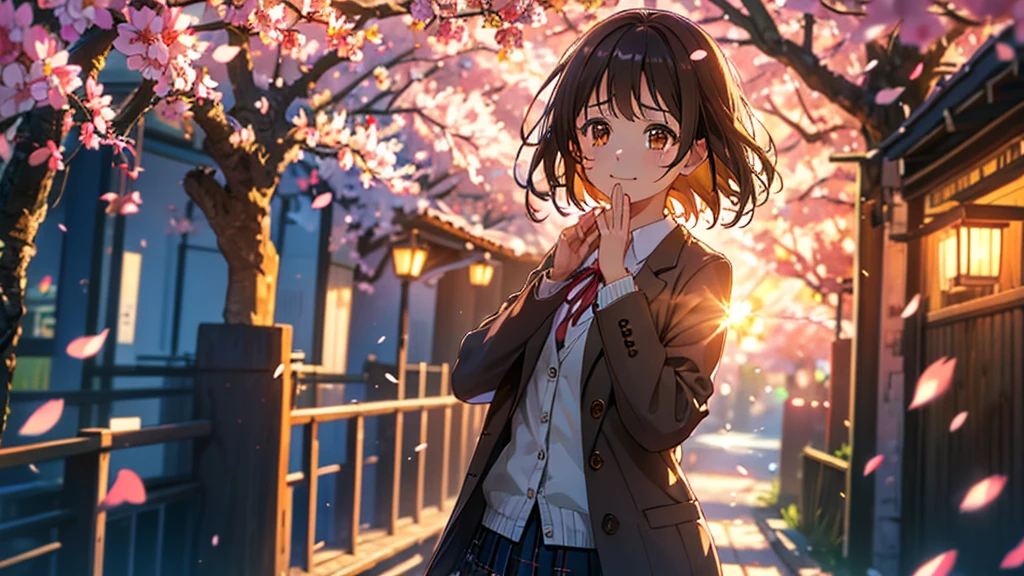 irohaisshiki, iroha isshiki, short hair, Brown Hair, (Brown eyes:1.5), smile,blush,Tears running down her face,Tears of joy,左手はribbon結びしている髪を持っている,Cherry blossoms are scattered,
break skirt, shirt, ribbon, , Jacket, white shirt, Closed clothes, socks, open Jacket, black Jacket, Plaid,, Plaid skirt, blazer, cardigan, black socks, pink cardigan, The room is expensive ,Graduation Ceremony,Brown Loafers,
break outdoors, In front of school　Cherry tree,
break looking at viewer,(Cowboy Shot:1. 5)
break (masterpiece:1.2), Highest quality, High resolution, unity 8k wallpaper, (shape:0.8), (Fine and beautiful eyes:1.6), Highly detailed face, Perfect lighting, Highly detailed CG, (Perfect hands, Perfect Anatomy),