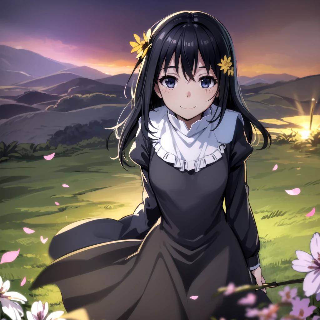 photorealistic, (4k), depth of field, (Masterpiece), (realistic skin texture), extremely detailed, intricate, hyper detailed, professional photography, bokeh, high resolution, sharp detail, best quality, girl, Maid black top, black maid outfit  long hair, black hair, dark blue eyes, standing, light smile, (flower field:1.3) windy, sunset, (petals), 