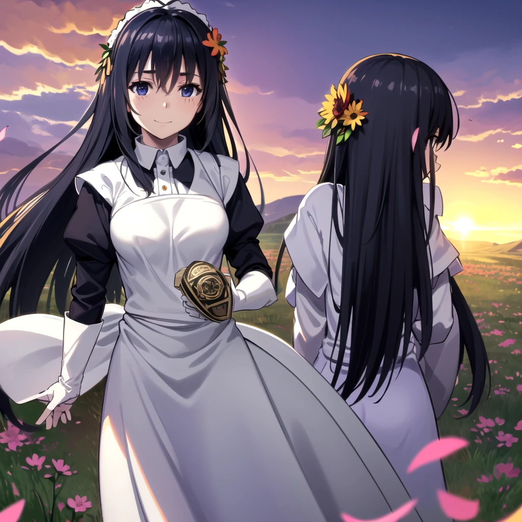 photorealistic, (4k), depth of field, (Masterpiece), (realistic skin texture), extremely detailed, intricate, hyper detailed, professional photography, bokeh, high resolution, sharp detail, best quality, girl, Maid black top, black maid outfit  long hair, black hair, dark blue eyes, standing, light smile, (flower field:1.3) windy, sunset, (petals), 