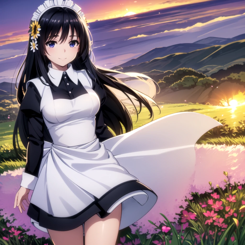 photorealistic, (4k), depth of field, (Masterpiece), (realistic skin texture), extremely detailed, intricate, hyper detailed, professional photography, bokeh, high resolution, sharp detail, best quality, girl, Maid black top, black maid outfit  long hair, black hair, dark blue eyes, standing, light smile, (flower field:1.3) windy, sunset, (petals), 