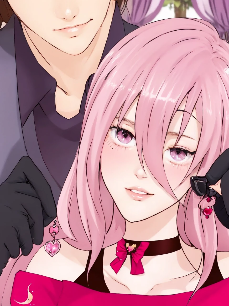 Female pink long hair, light pink clothing, cute accessories, red eyes, boyfriend in the background, japanese girl, 18 years old
