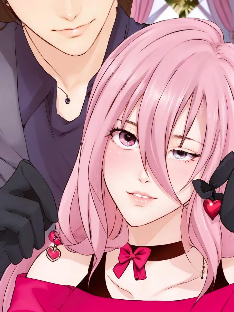 Female pink long hair, light pink clothing, cute accessories, red eyes, boyfriend in the background, japanese girl, 18 years old
