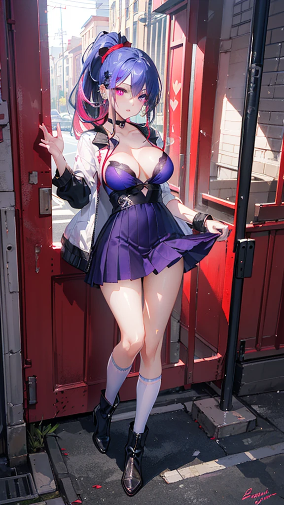 (Best quality, 8k, 32k, Masterpiece, UHD,:1.2),RAW, human, 1girl,ultra cute , ultra cute, natural lighting, transparent shining eyes, 20yo, medium breast ,femur, fair complexion , flushed face ,hair above one eye, red eyes, clear eyes, choker, Neon Shirt, torn legwear, open jacket, towards the wall, brick wall, graffiti, shineing grafiti, shineing tattoos, shine, neon light, Black light,anime style, Full body Esbian,Blue eyes background, big and full breasts, anger, (scarlet colored hair), long hair, purple eyes, wearing a short black dress, (natural skin texture vivid details, surreal, (realistic detailed eyes, natural skin texture, realistic facial details), soft and dramatic lighting, Depth of written boundary, Bokeh, vivid details, surreal, 35mm movie, hazy blur, movie,lipstick, ear piercing, eye shadow, hoop earrings, Red-pink lips, Multicolored red eyes, purple theme,Wear an iridescent aura,beautiful eyes,stand in front of the red gate,bold pose、upward glance,upper ponytail,Hanging bangs、shoot from below、peeping、Face straight down、Angle seen from the feet,boots,(((Shooting from various angles))