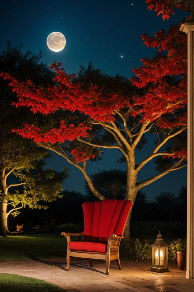 Brugmansia arborea, in a red chair, de noche con la luna
