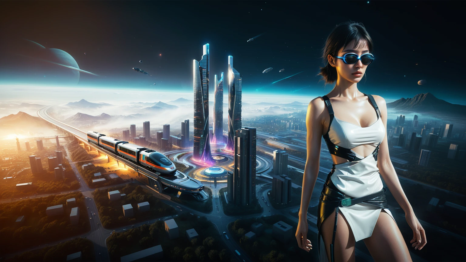 Brightly colored abstract aerial view image of a futuristic railway station with a spiral, a (((((futuristic train))))) passing by, epic beautiful space sci-fi, chaotic cinematic space rift, Greg Beeple, planets colliding, Beeple and Tim Hildebrandt, Beeple and Jean Giraud, end of the universe, galaxy space sci-fi, ringworld, by Mike "Beeple" Winkelmann. Matrix style, (((((Matrix cascading code))))), (((((a futuristic twin tower skyscraper with a unique twisted design))))), (((((OLED GUI interfaces in the building))))), at night, (((((1girl, solo))))), photo realistic, (((large-breast:1.2 body, cleavage))), (((off broken mini sling-shirt and black sling bra, extreamly short pleated miniskirt exposing panty))), (((((running pose))))), (((((((matrix style black micro sunglasses))))))), ((((((((((aiming with a short gun)))))))))), (((((looking at camera))))), (((very low view))), (((((half-body thigh level medium shot))))), (((cinematic lighting))).