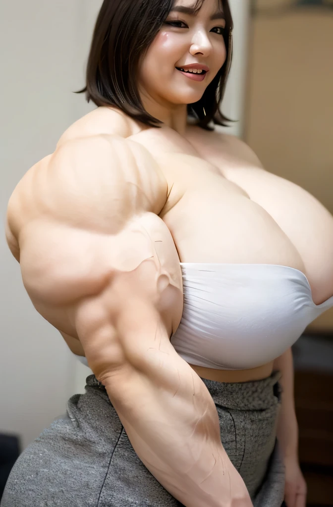 (Raw photo, Best Quality), (Realistic, Photorealsitic:1.3), masterpiece, Extremely delicate and beautiful, Soft light, (dark brown hair, hair, medium short hair, bang), Beautiful detailed girl, (Precise fingers, Eyes and faces with detailed, beautiful detailed nose, Beautiful detailed eyes, 1 girl, Japanese, Neat and clean beauty, Cute, muscular body, young, (voluptuous bust), slim waist, Realistic face,（bedroom), full body, from below, hyper muscle, gigantic massive  pecs, gigantic massive thighs, gigantic massive calves, gigantic massive deltoid muscles, gigantic massive arms, gigantic massive forearms, gigantic mitral muscle, gigantic massive broad shoulder, muscular body type, big smile, sensual pose, turtleneck sweater, skirt