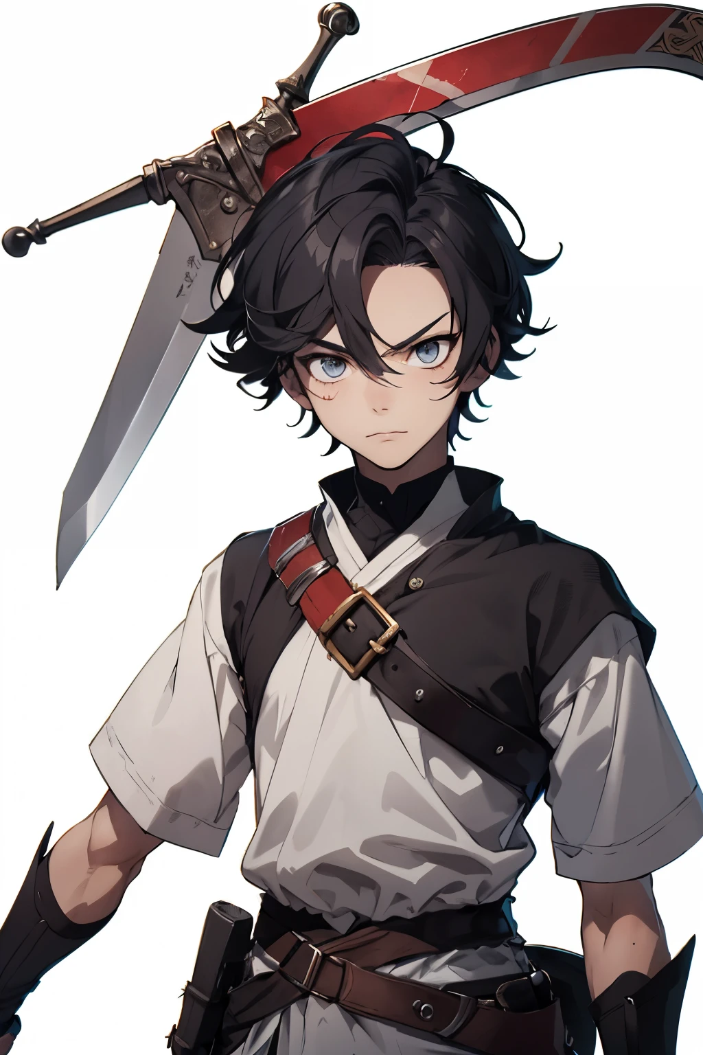 anime style, medieval anime, boy, 14 years old, medieval clothing, clumsy style, using claymore sword, short black hair, gray eyes, scar on forehead, serious expression, image from the waist up, white background, extremely detailed