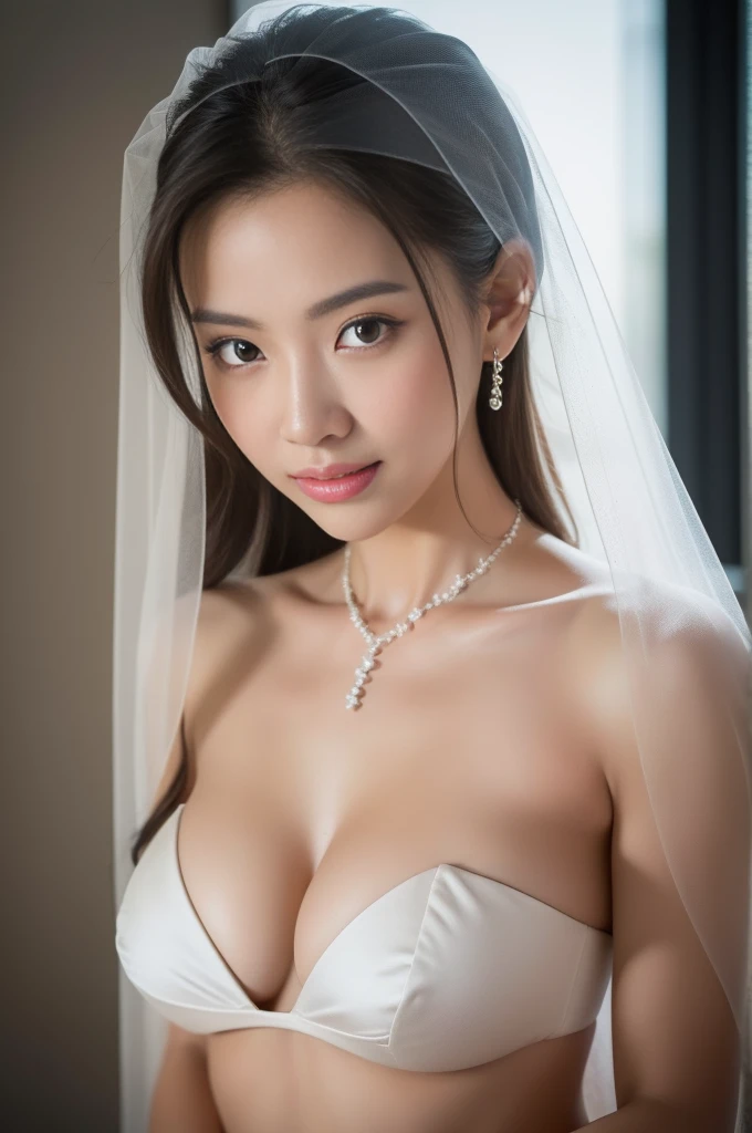 Full length body photo, photo taken can see from head to toe, asian beautiful woman in a white wedding dress, topless and revealing, exposing her large (((bare breasts))), veil, beautiful detailed eyes, beautiful detailed lips, extremely detailed face, happy smile, long eyelashes, seductive pose, sensual, erotic, photorealistic, 8k, high quality, dramatic lighting, cinematic, chiaroscuro, warm color tones, (((zoom out))), (((no close up))), facing the camera, body facing camera, wearing diamond necklace and bracelet,