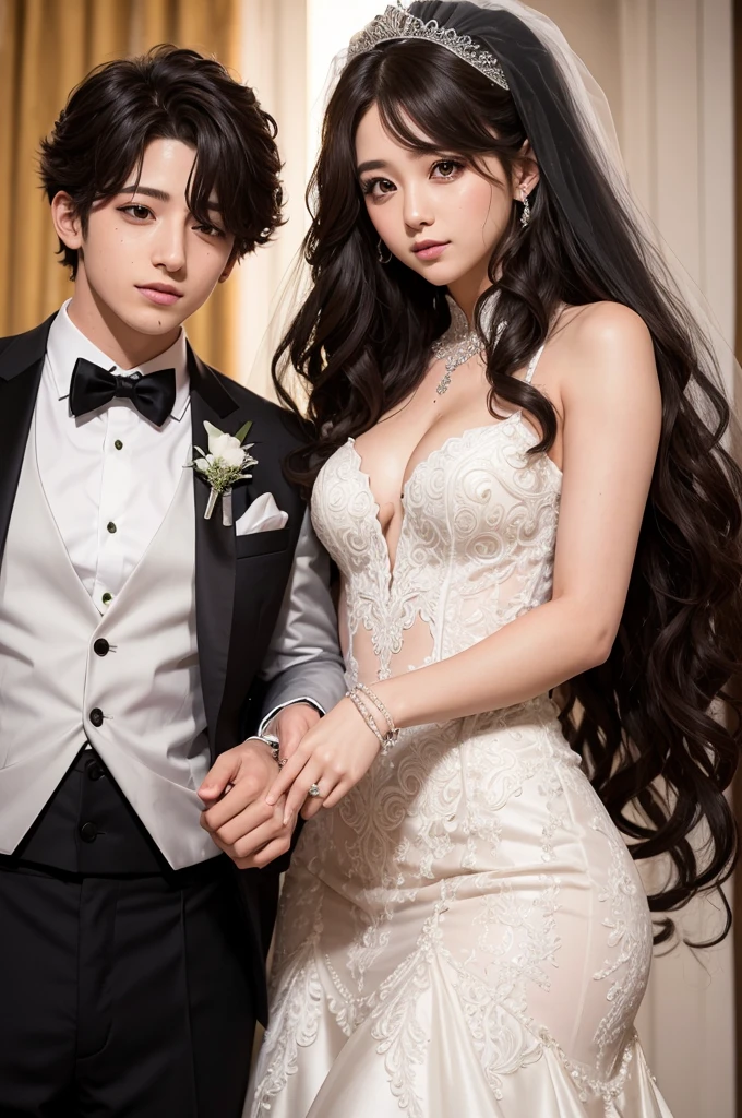 Crie uma imagem de um casamento, The groom is Jungkook from BTS and the bride is a girl with long curly hair. Uma imagem realista