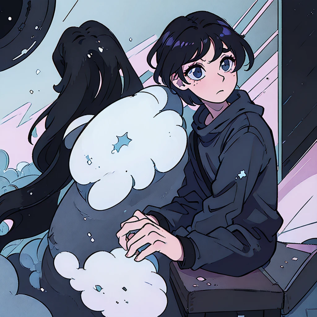 (masterpiece:1.5, Best Quality:1.5), ((Vaporwave Style, partially coloring)),In a cozy apartment, Boy studying diligently at desk alone,dim room,Stylish warm lighting, Coffee on the desk,I can see the moon from the window,Room decorated with plants, wearing black sweater