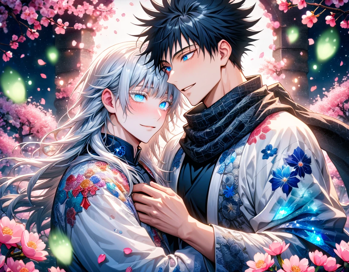 Ultra detailed, Highres, absurdres, HDR, Gojou Satoru, white hair with bangs, white eyelashes, long hair, expressive blue eyes, Fushiguro Megumi, black hair, expressive blue eyes, long hair, white haori with patterns, black shirt, black scarf, Jujutsu Kaisen, fantasy, petals, handsome, two sexy man together, gay couple, love, yaoi, very detailed eyes and face, master piece, pink flowers, blossoms, pink petals, magical, water, handsome smile, shining blue fireflies