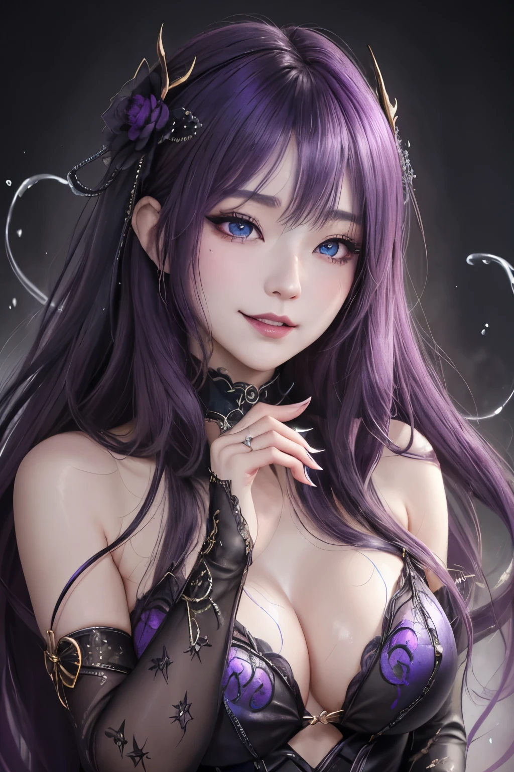 強力なスーパーevil女がクローズアップでポーズをとる, Black Goddess (Bare shoulders), length, Flowing purple hair, View your audience, Highly detailed face, Perfect hands, Blue smoke swirling around her, evil事を愛する, Captivating blue eyes, Dark fantasy,  ， realistic girl rendering, 8k artistic german bokeh, Enchanting girl, Real Girls, Gurwitz, Gurwitz-style artwork, Girl Roleplay, Realistic 3D style, cgstation Popular Topics,, 8K Portrait Rendering,（truth，truth：1.4）、Genuine, Symmetric, High detail, Esoteric arachnids lady, Spider Queen Elise, League of Legends, Esoteric arachnids, Combat Stance, ( The body is made with liquid metallic paints in metallic mauve and metallic black..、It beautifully depicts the female form..。), length, Sharp Fangs, nature, ((Complex metallic colors in the foreground)), (( Fluid Mechanics, The most beautiful smooth scale face makeup, Smirking expression)) - Dark blood, Onyxia、Noir painting of a beautiful young witch, length purple hair, dark purple lips, evil, evil女, smile, Black Prom Dress, She is coming to you, close, Bright Blue Eyes, Surrounded by swirling pink smoke, Genuine, High detail, Highest quality